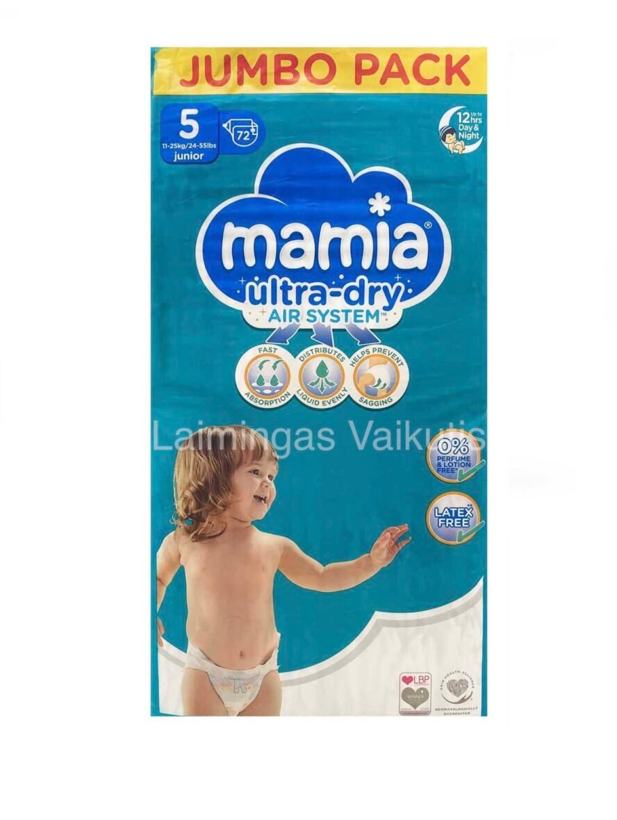 Sauskelnės Mamia Ultra Dry Air System, 5 dydis segami (11-25 kg.) 72 vnt.