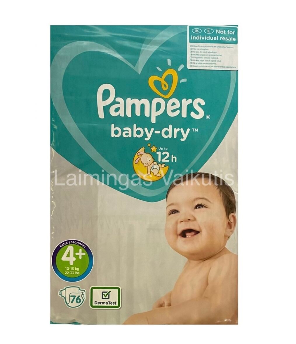 Sauskelnės Pampers Baby Dry, 4+ dydis segami Jumbo pack (10-15 kg.) 76 vnt.