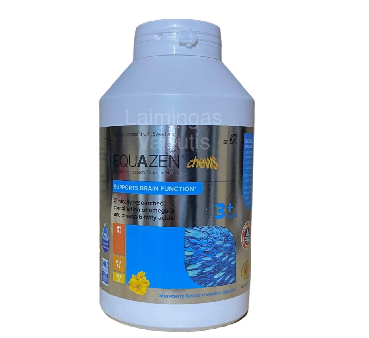 Equazen Chews žuvų taukai, kramtomos, braškių skonio kapsulės, 360 kapsulių.