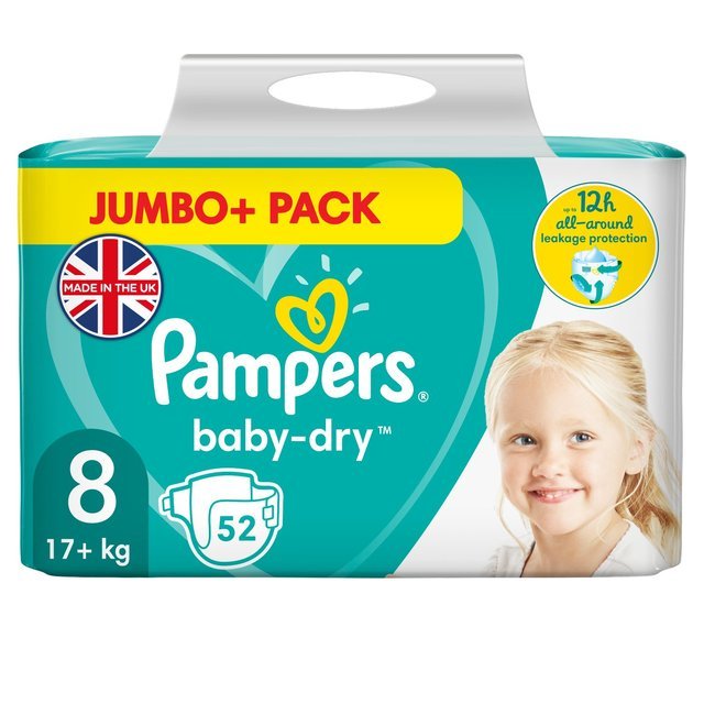 Sauskelnės Pampers Baby Dry, Jumbo Pack, 8 dydis segami (17+ kg.) 52vnt.