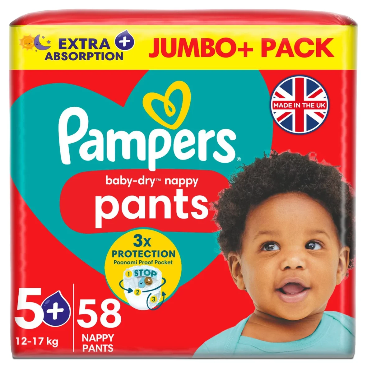 Sauskelnės – kelnaitės PAMPERS Pants, Jumbo Pack, 5+ dydis (12-17kg.) 58 vnt.