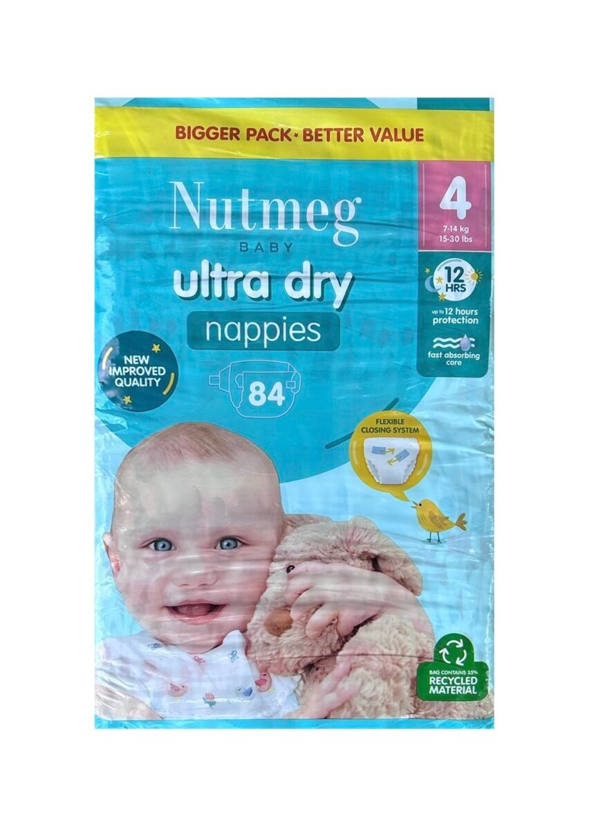Nutmeg Ultra Dry Segamos sauskelnės, 4 dydis (7-14 kg.), 84 vnt.